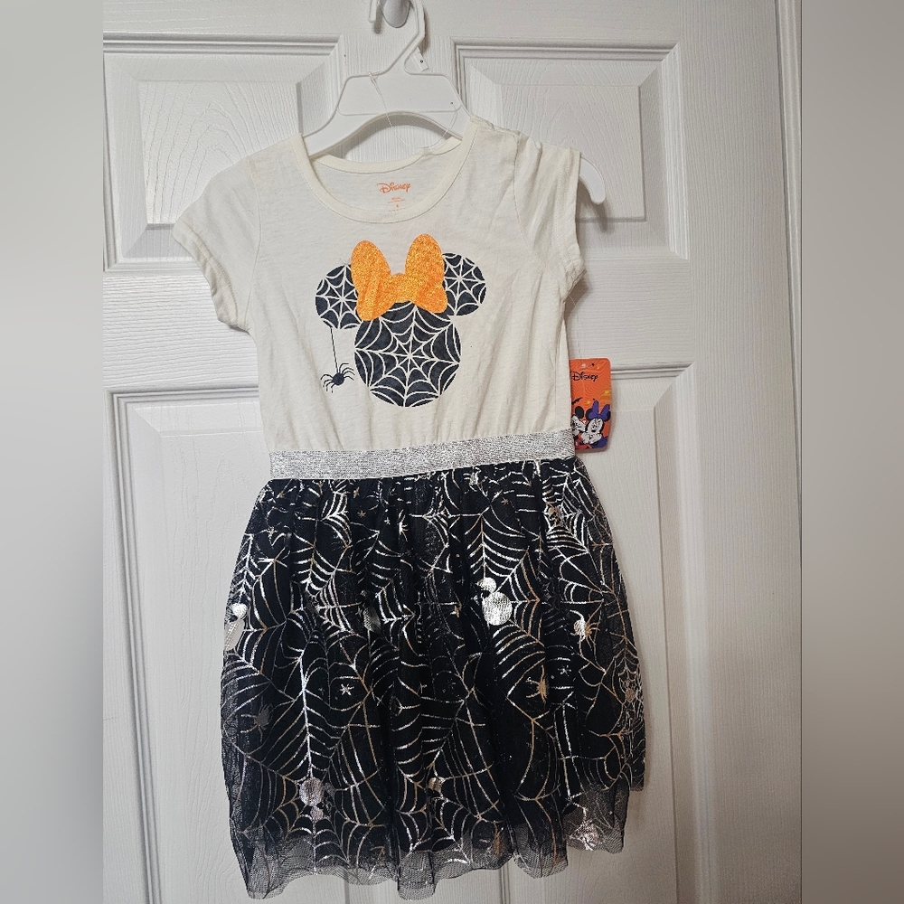 NWT - Girls Sizs 6 Disney Cream & Black Minnie Mouse Halloween Dress Spider Web